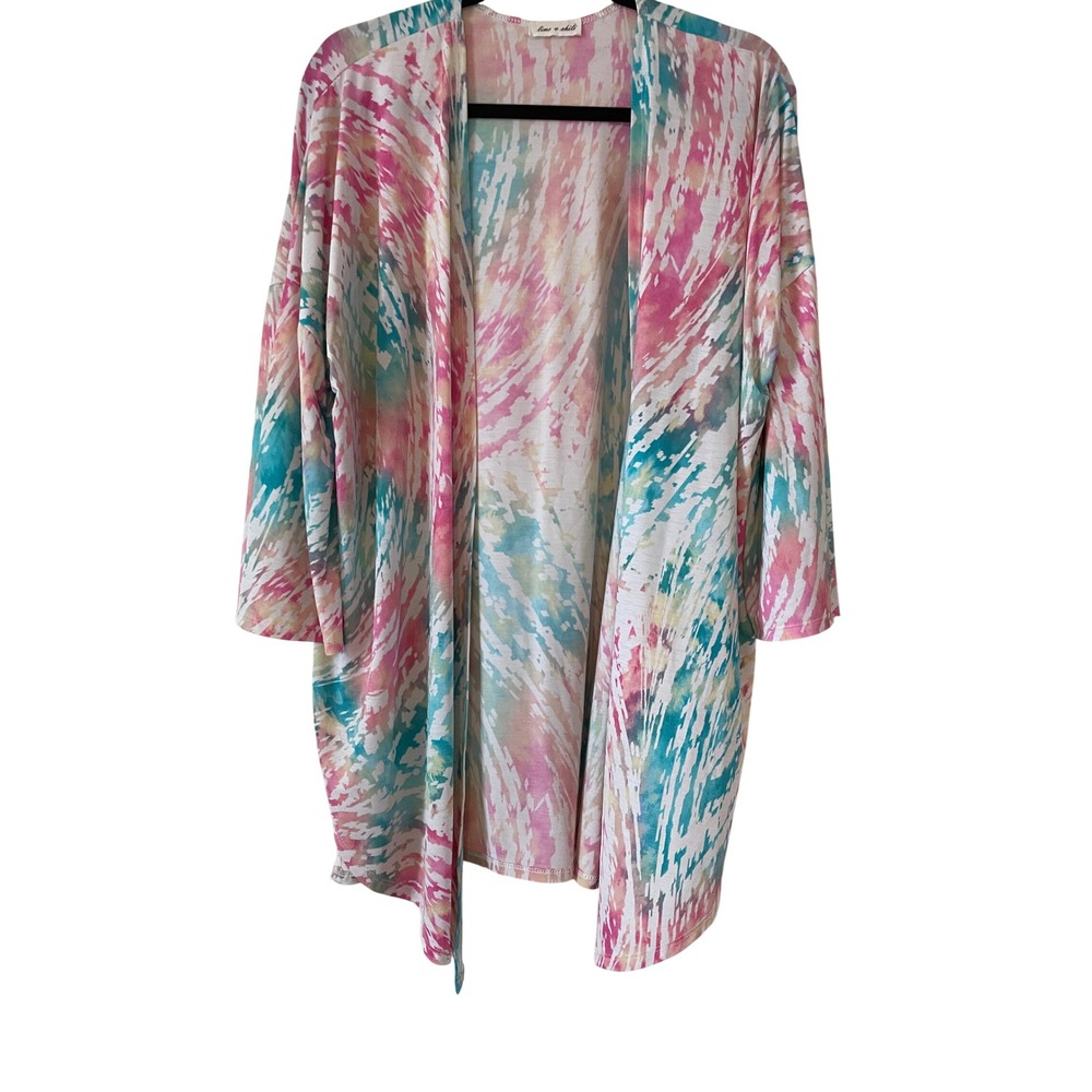 Lime & Chili Womens Watercolor Tie Dye Open Front Cardigan Pink Teal One Size